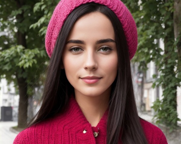 Young woman in pink beanie and sweater outdoors