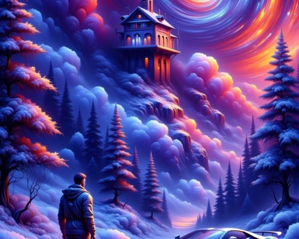 Futuristic House on Floating Island with Neon Landscape