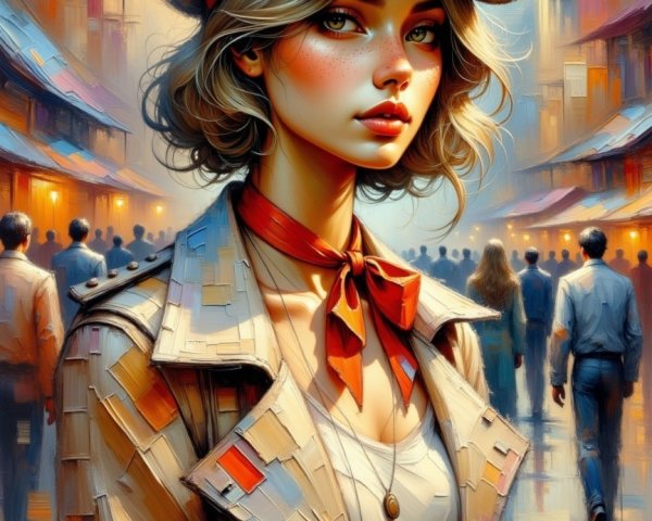 Stylish Young Woman in Bustling Street Scene