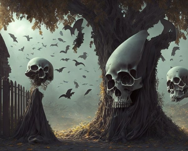 Eerie Tree with Skulls and Shadowy Figures in Mist