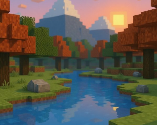 Serene Minecraft Landscape with Orange Trees and Sunset