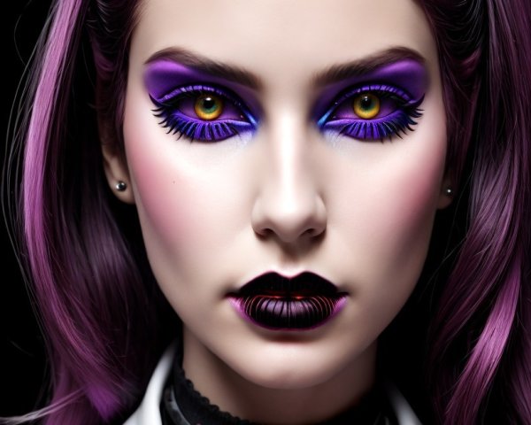 Portrait of a Woman with Purple Hair and Dramatic Makeup