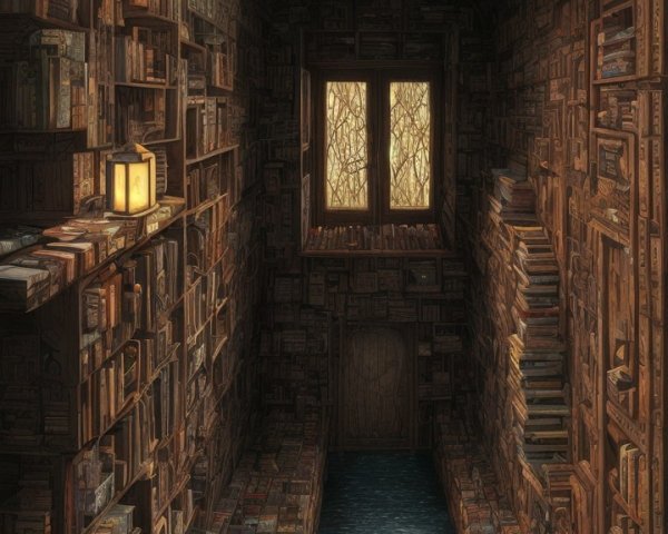 Dimly Lit Library Corridor with Towering Bookshelves
