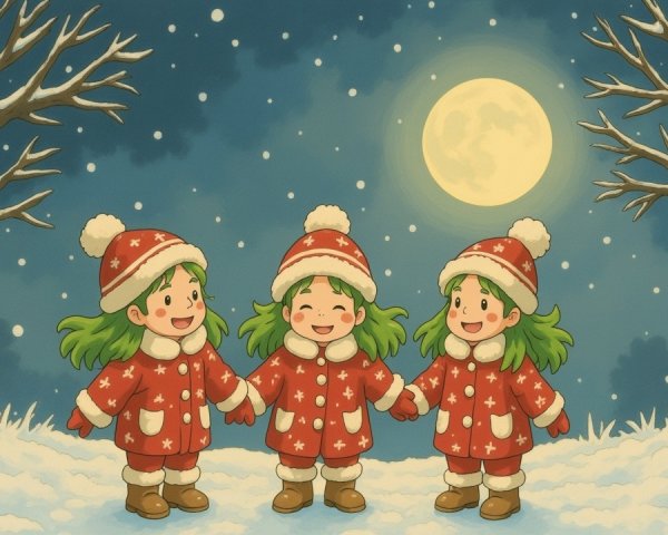 Children in Red Coats in a Snowy Winter Landscape