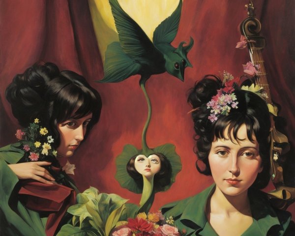Women in Green Outfits Surrounded by Fantasy Elements