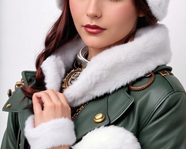 Stylish Young Woman in Green Leather Jacket and Fur Hat