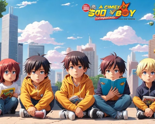 Children Reading on a Park Bench in Urban Setting