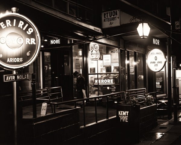 Vintage Black-and-White Night Street Scene with Signs