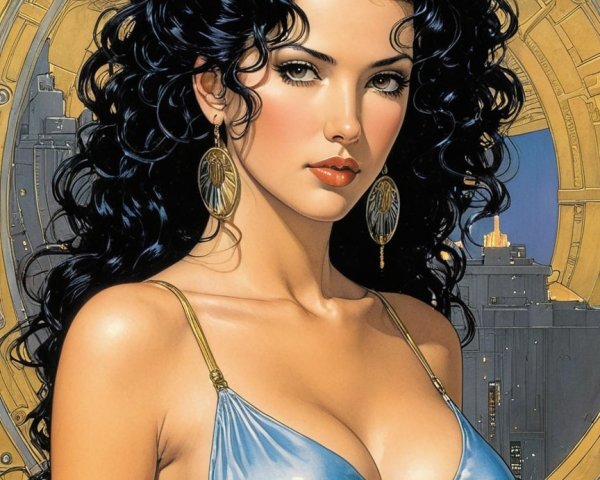 Striking Woman in Blue Dress with Curly Black Hair