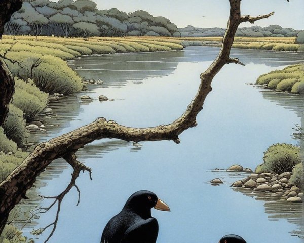 Three Black Birds on a Branch by a Calm River