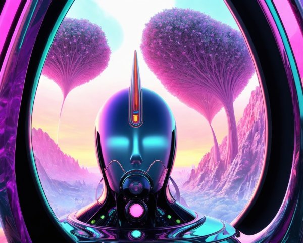 Futuristic Landscape with Humanoid Figure and Trees