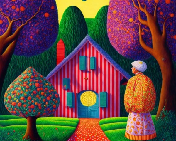 Whimsical Landscape with Striped House and Colorful Trees