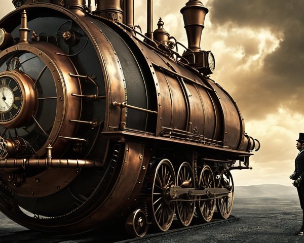 Detailed Steampunk Train with Clock Face and Landscape