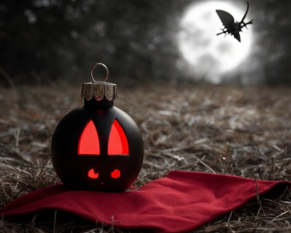 Black Skull Christmas Ornament on Red Blanket Outdoors