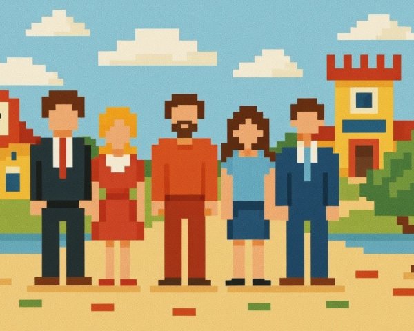 Pixel Art Scene of Five People in a Colorful Setting