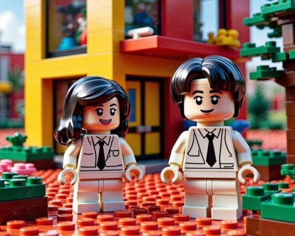 LEGO Figures in Matching Suits with Colorful Background