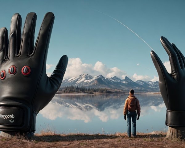Surreal Landscape with Lake and Giant Gloves