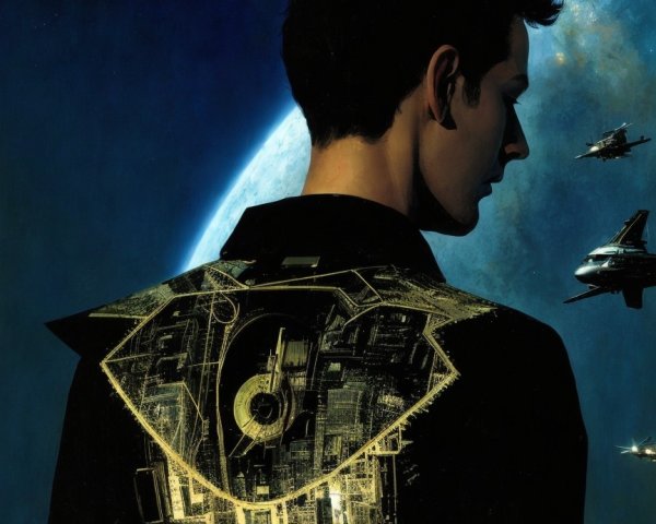 Futuristic Figure in Cosmic Scene with Glowing Design
