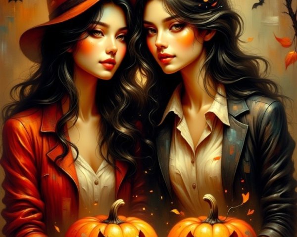 Young Women in Autumn Setting with Halloween Decor