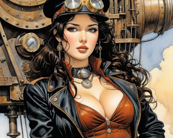 Steampunk Woman in Leather Jacket and Vintage Goggles