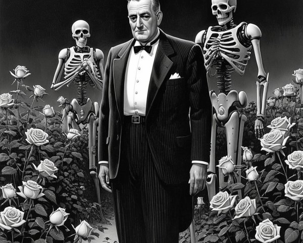 Man in Tuxedo Surrounded by Skeletons in Rose Garden