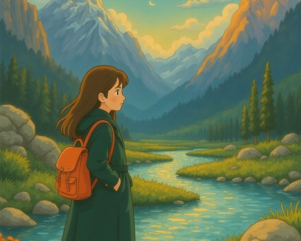 Cartoon Girl by River Under Bright Yellow Moon