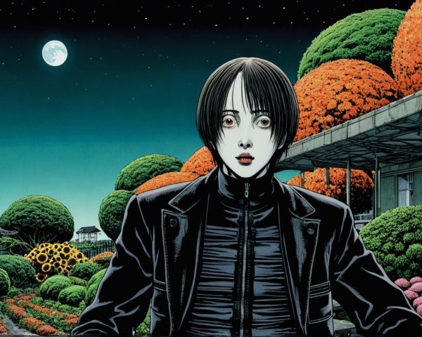Moonlit Scene with Striking Eyes and Colorful Foliage