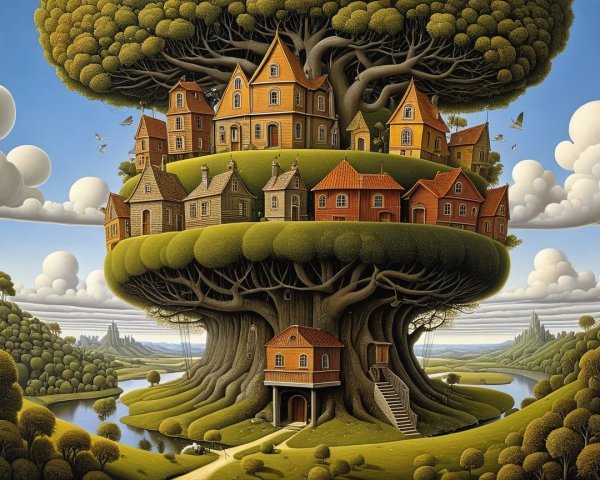 Whimsical Tree Village with Charming Houses and River