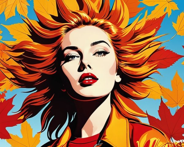Vibrant Portrait of Woman with Red Hair and Autumn Leaves