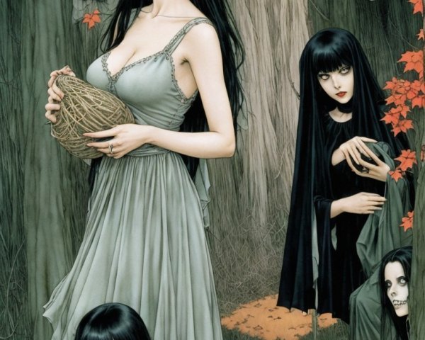 Mysterious Women in a Haunting Forest Scene