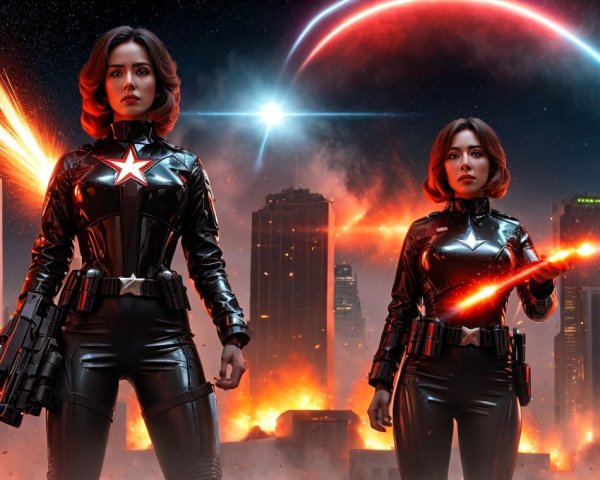 Action-hero figures in black outfits with red stars