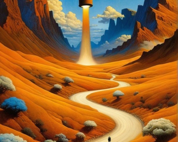 Surreal Landscape with Winding Road and Celestial Bodies