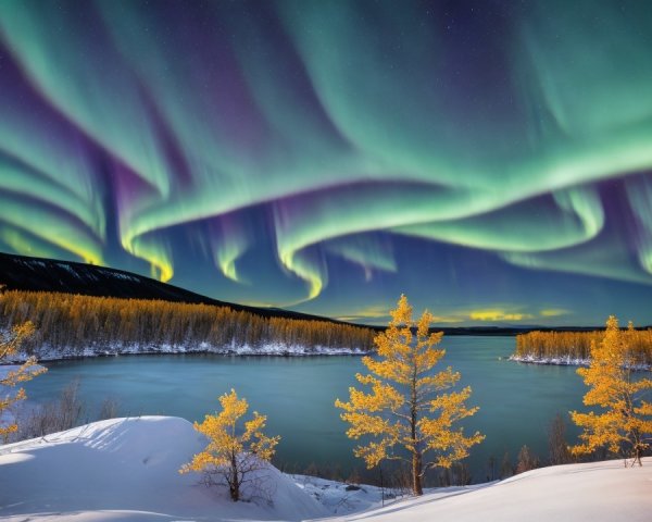 Northern Lights Over Tranquil River with Autumn Trees
