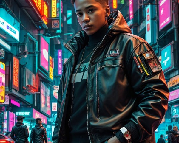 Stylish Individual in Vibrant Neon-Lit Urban Scene