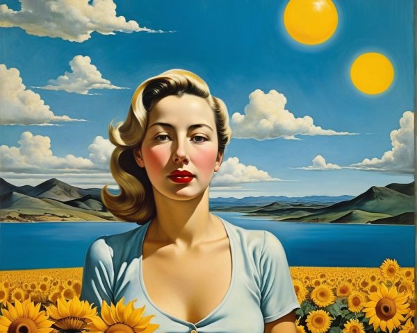 Woman in Sunflower Field with Blue Skies and Hills