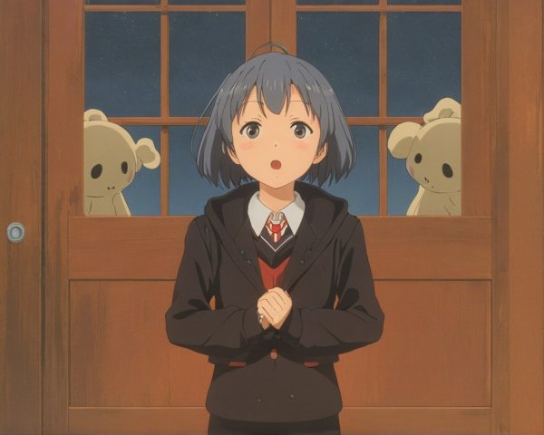Young girl with grayish-blue hair and koalas at door