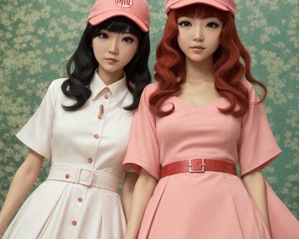 Stylish Women in Matching Pastel Outfits and Caps