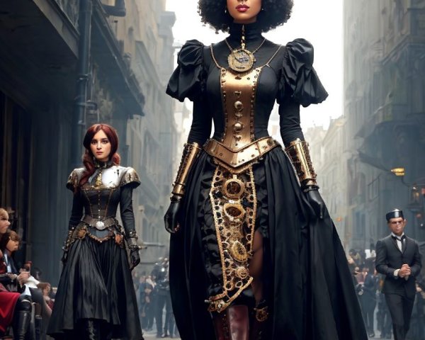 Elegantly Dressed Figures in Victorian Street Scene