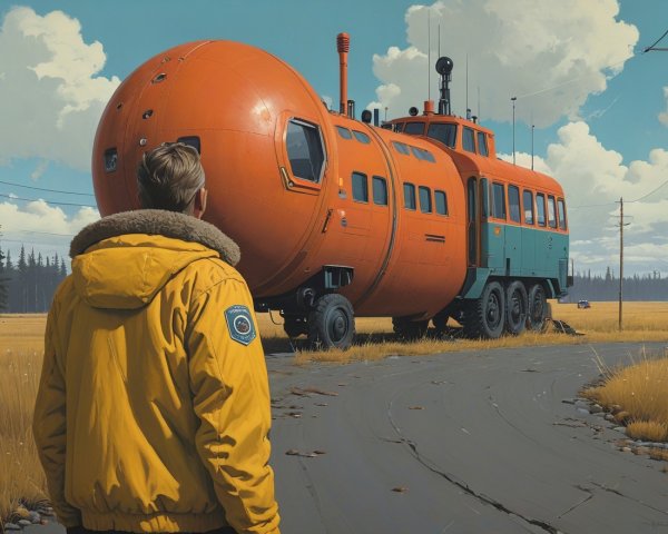 Person in Yellow Jacket Observes Futuristic Vehicle