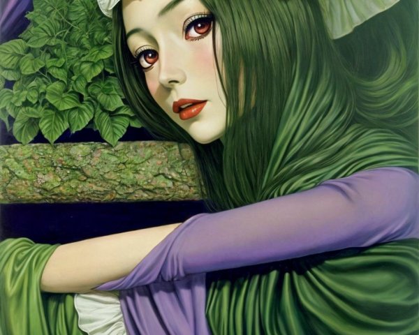 Young Woman in Flowing Green and Purple Garments