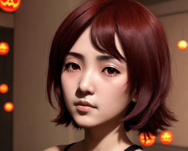 Young woman with burgundy hair and red eyes