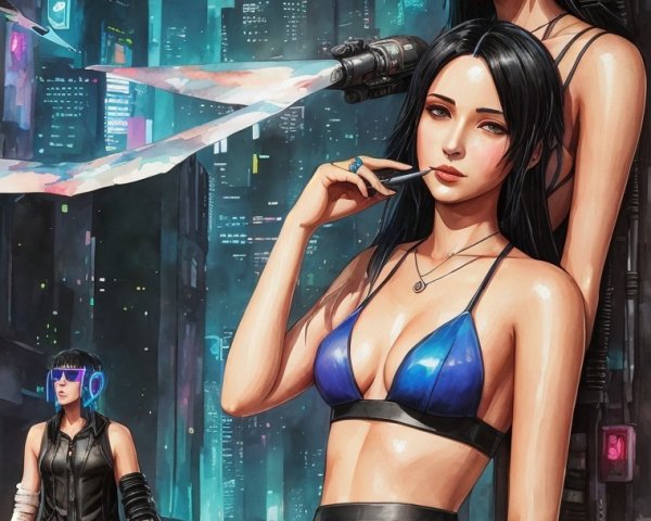 Stylish Women in a Neon Cyberpunk Cityscape