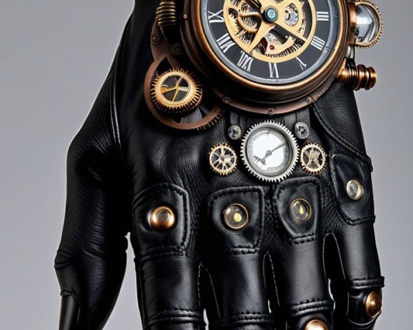 Black Leather Glove with Steampunk Design Elements