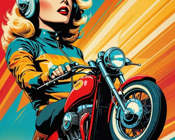 Retro Illustration of Confident Woman on Motorcycle