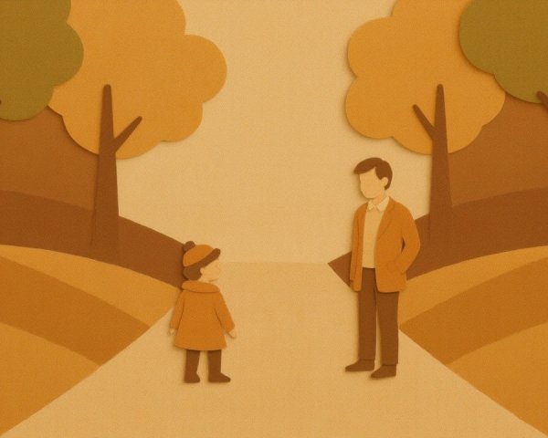 Stylized Paper-Cut Scene of Father and Child in Autumn