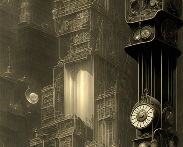 Steampunk Cityscape with Gears and Vintage Clocks