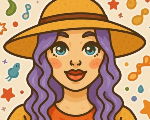 Cheerful character with purple hair and vibrant background