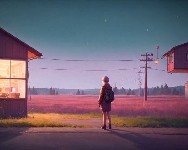 Young girl at twilight by pink grass field