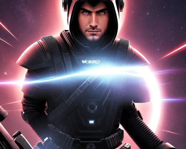 Futuristic astronaut in cosmic setting with weapon