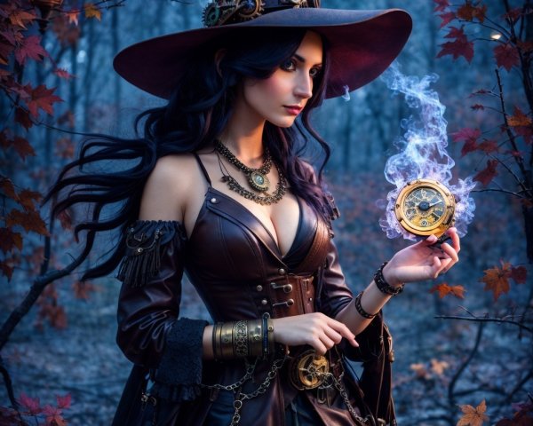 Twilight Forest Scene with Enigmatic Woman and Compass